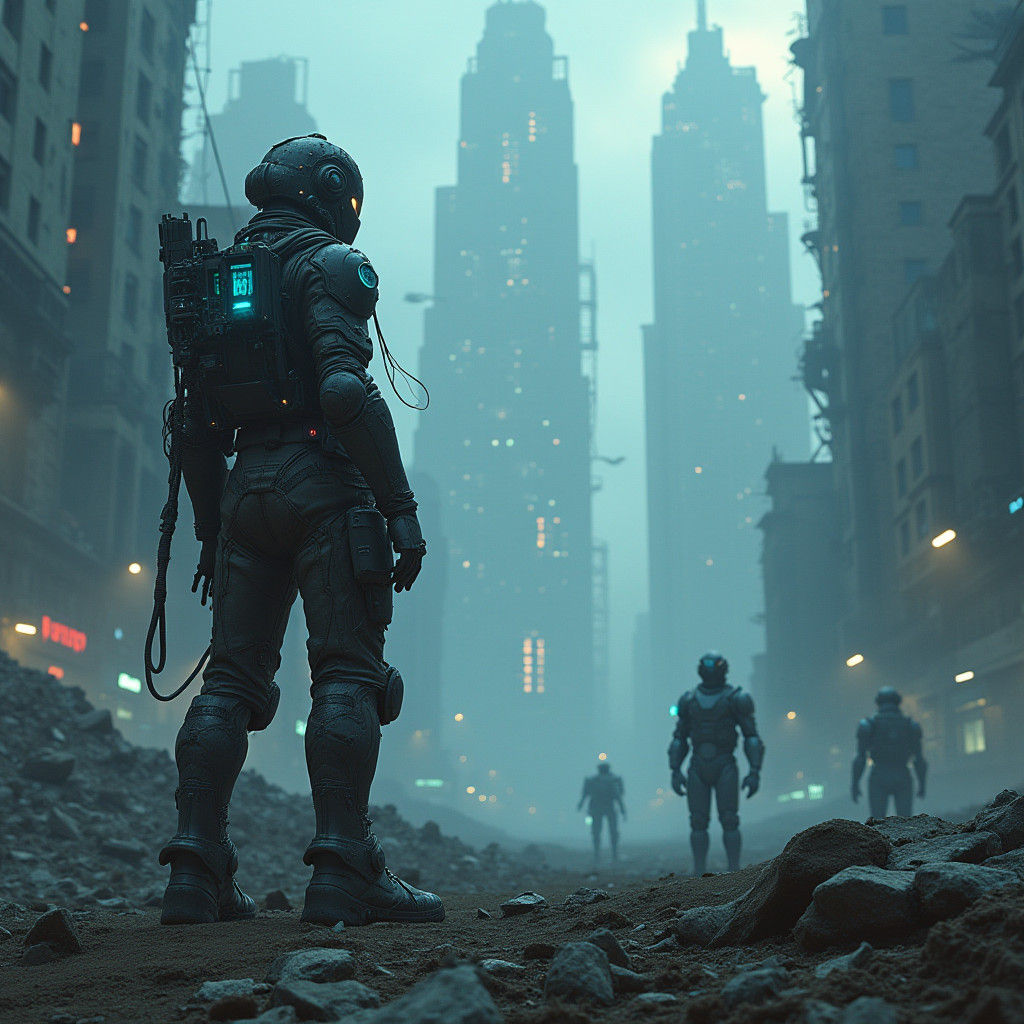Dystopian Future: Cyberpunk Figure in Ruined Metropolis