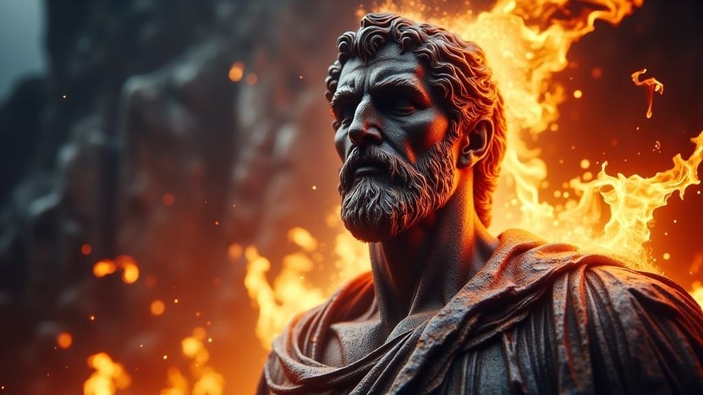 Greek God Rock Statue Amidst Fire in Vintage Style