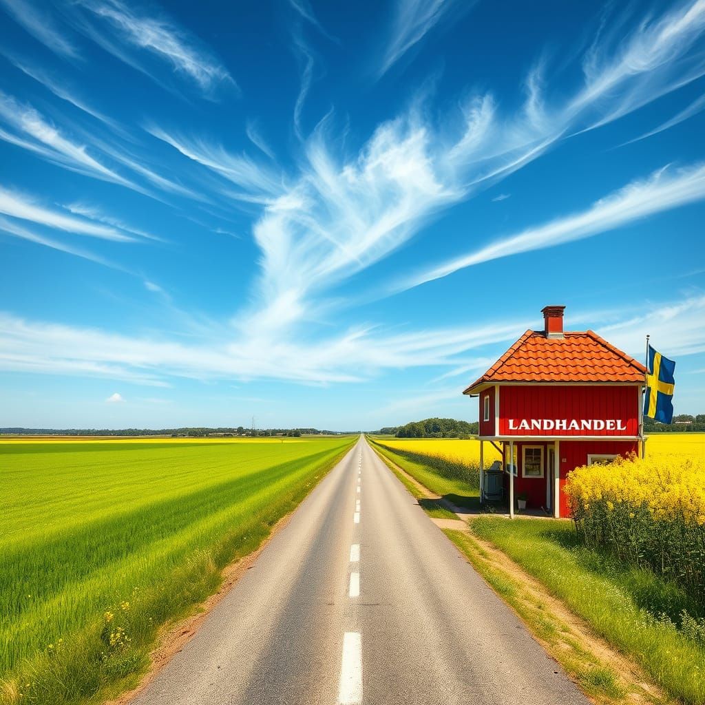 Surreal Swedish Countryside with Golden Canola Fields and Re...