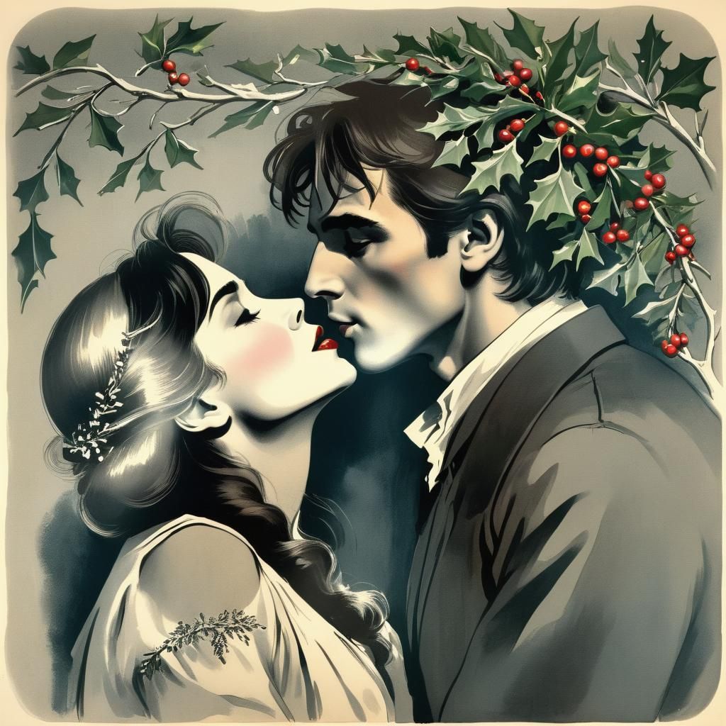 Romantic Winter Moment Under Mistletoe