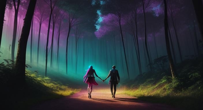 Couple in Neon Forest: Psychedelic Pop Art