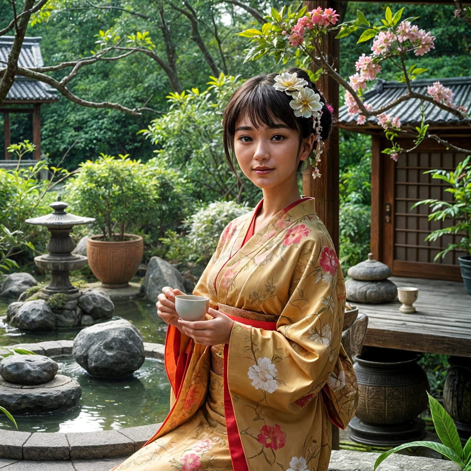 Kimono Woman Serving Tea in Zen Garden: Anime Style