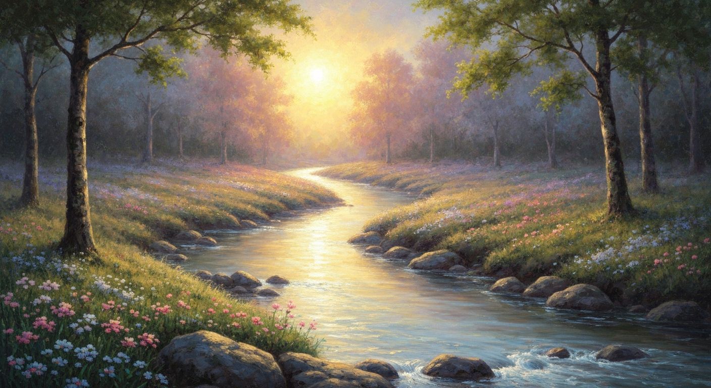 Golden Sunrise Over Misty Floral Valley