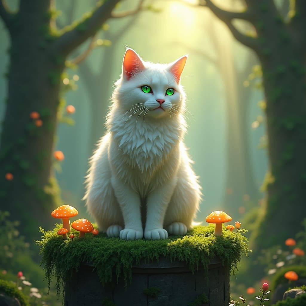 Mystical White Cat in Enchanted Forest, Fantasy Art