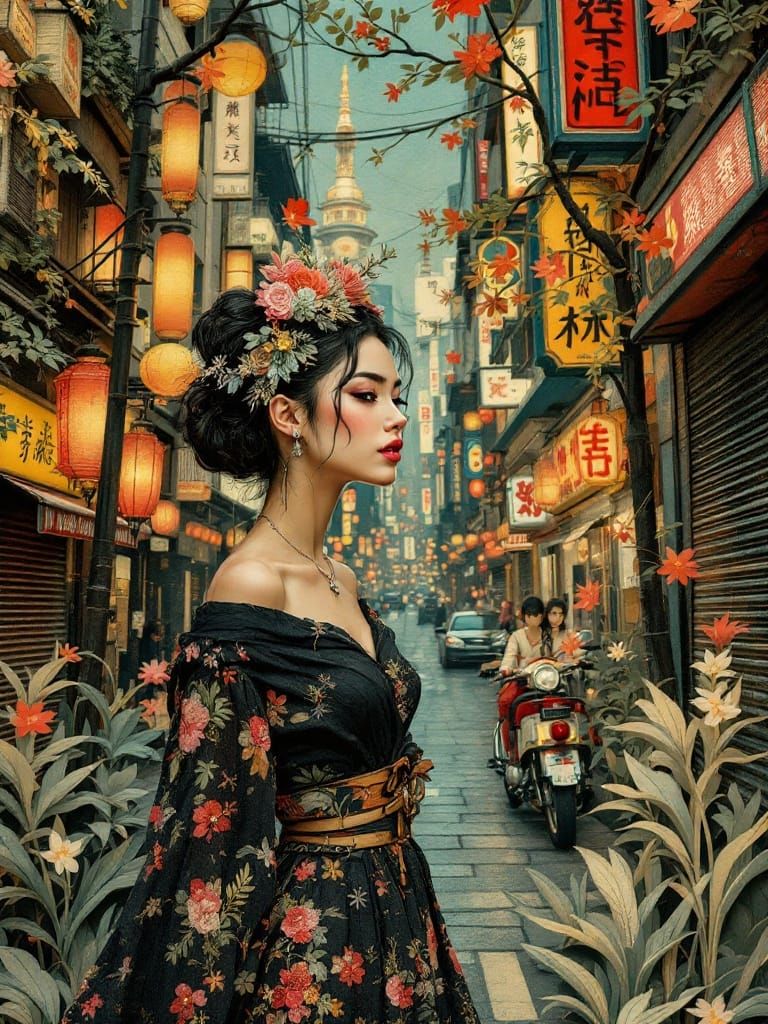 Surreal Jungle Goddess Under Tokyo City Lights