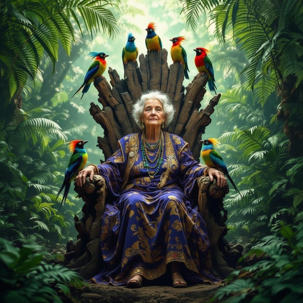 Elderly Woman on Petrified Throne Amidst Luminous Jungle