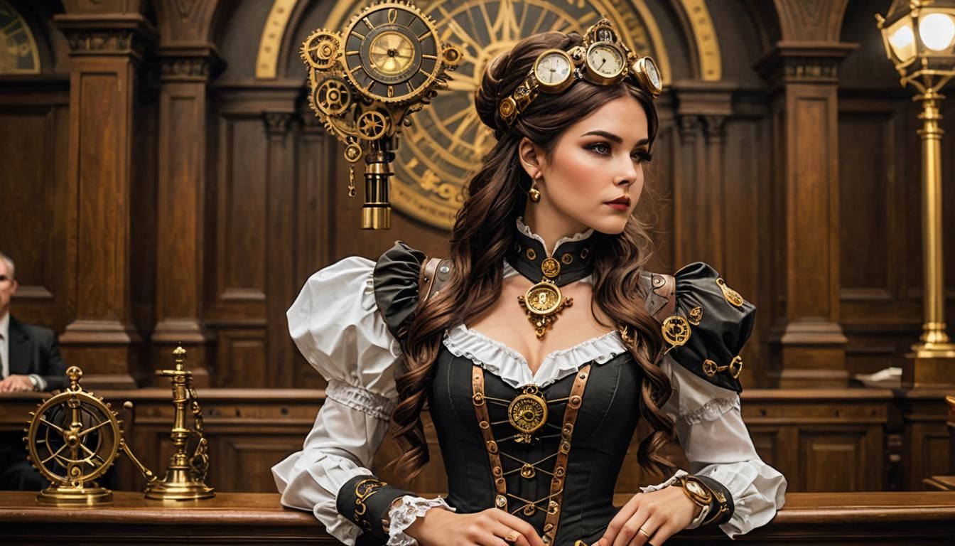 Steampunk Goddess in a Gilded Courtroom
