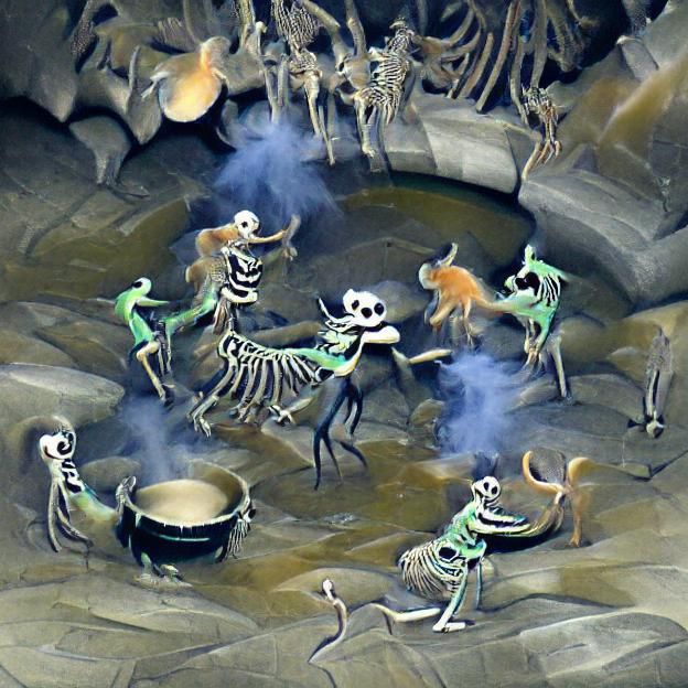 Animals Dancing Around Skeleton Soup Cauldron