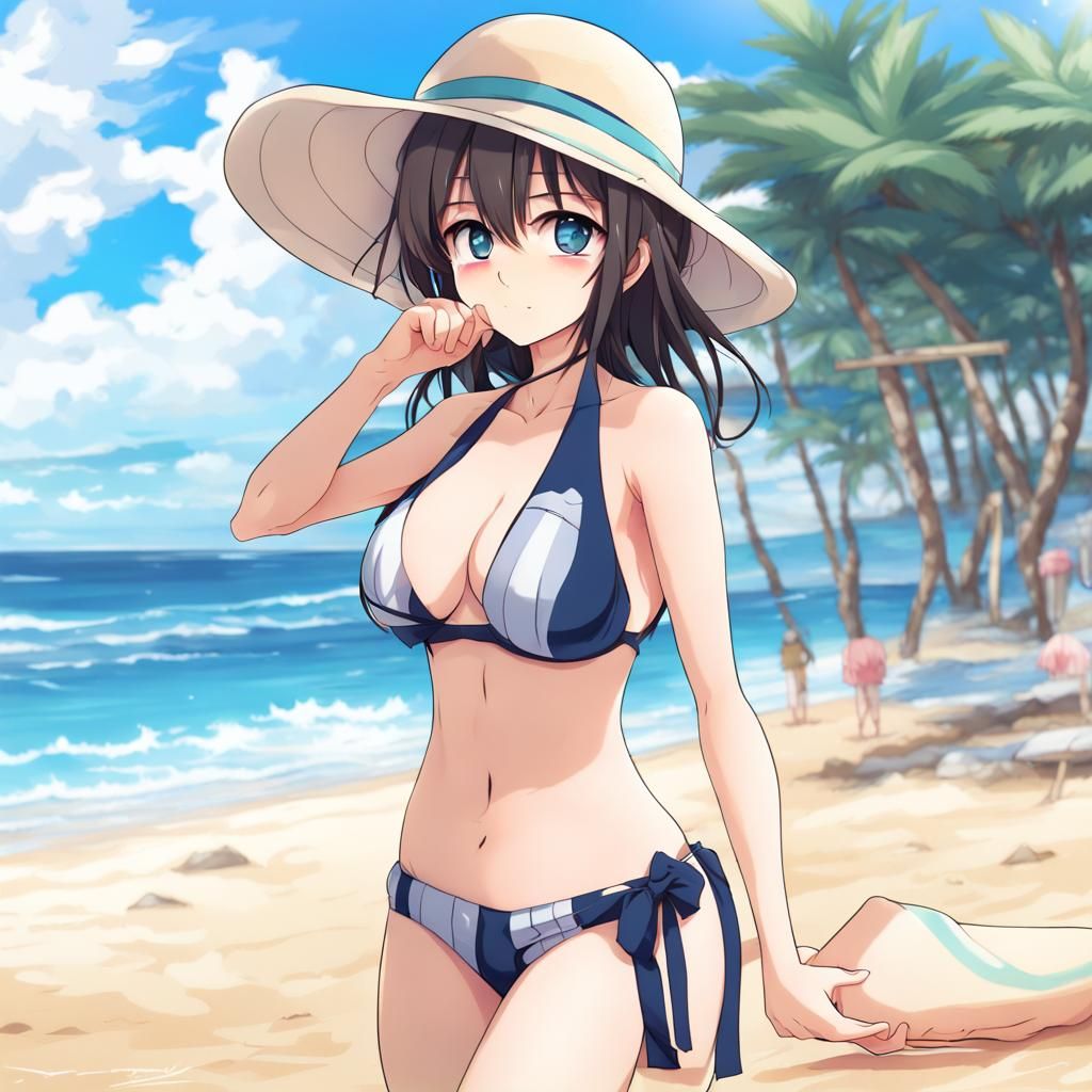 Anime Girl in Bikini on Beach, Manga Style