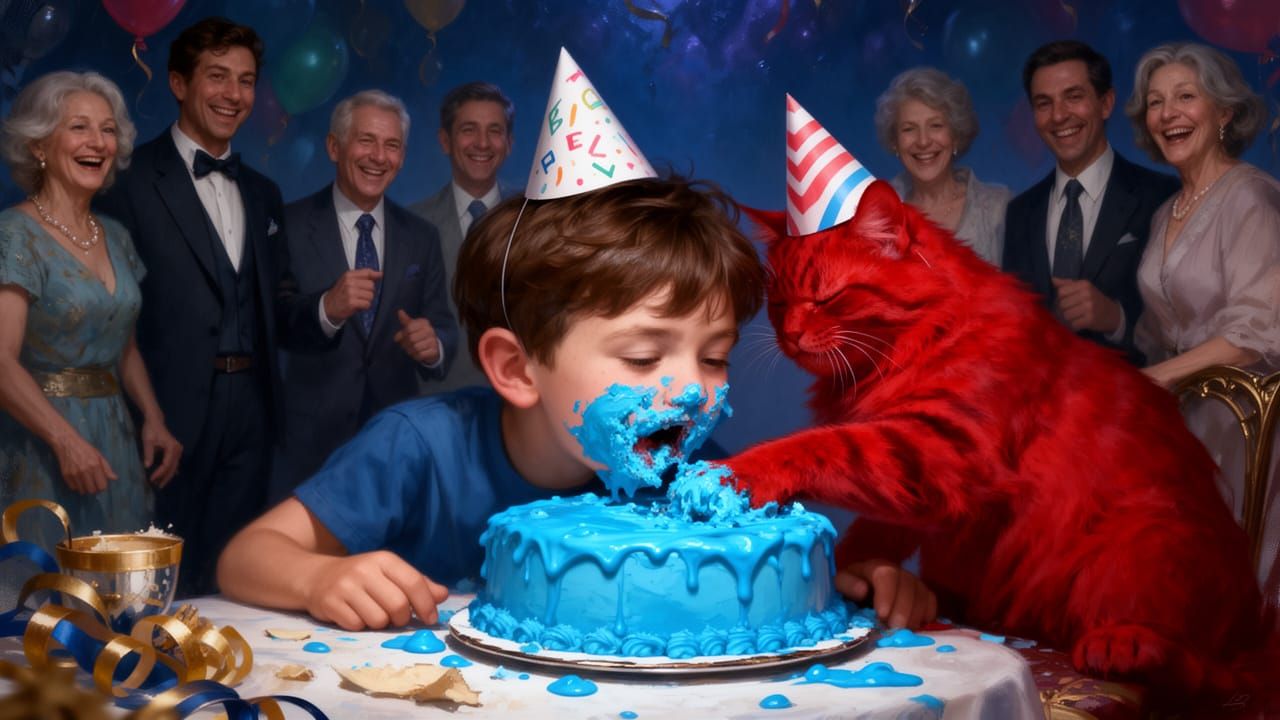 Joyous Birthday Scene With Icing-Covered Boy and Cat