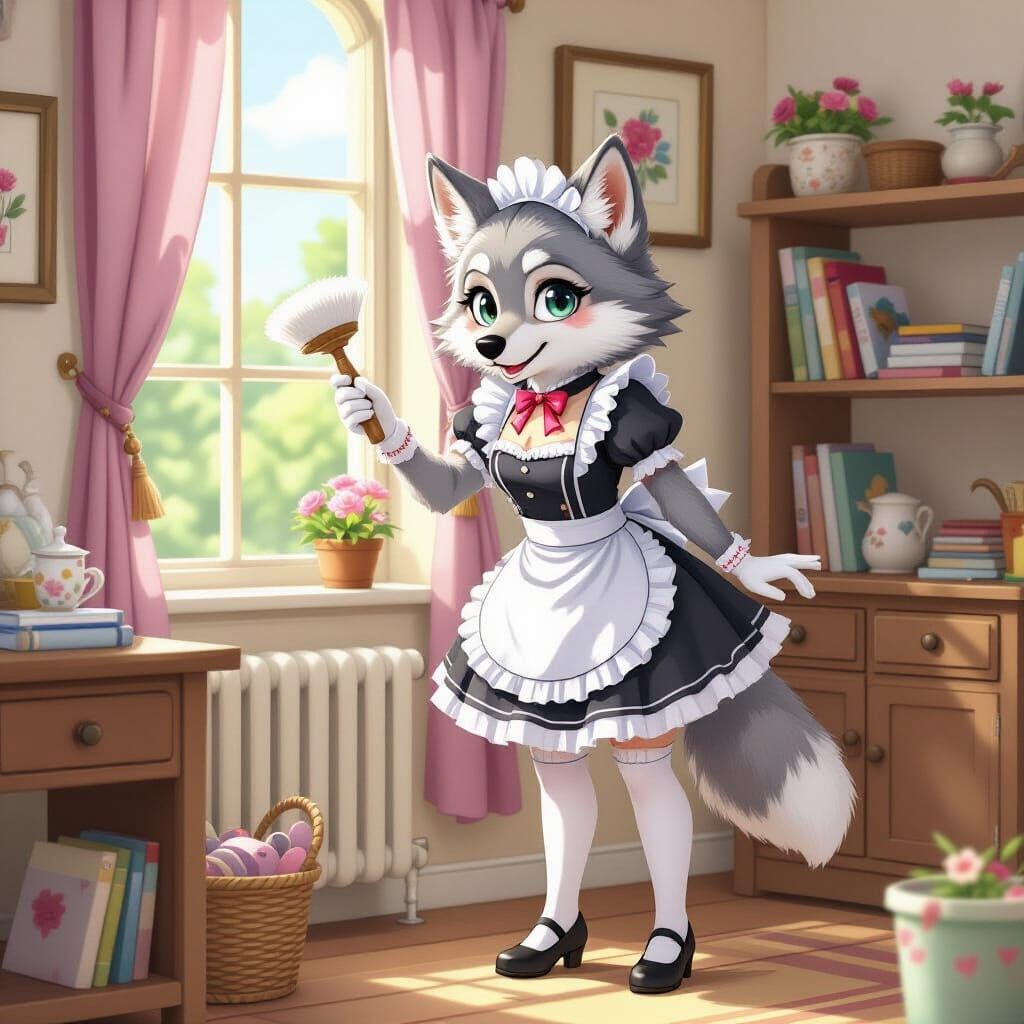 Wolf Furry Maid Cleaning Shelf, Cartoon Style