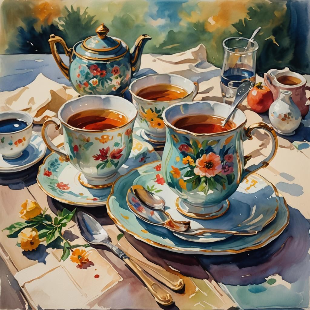 Impressionist Gouache Painting of Morning Tea