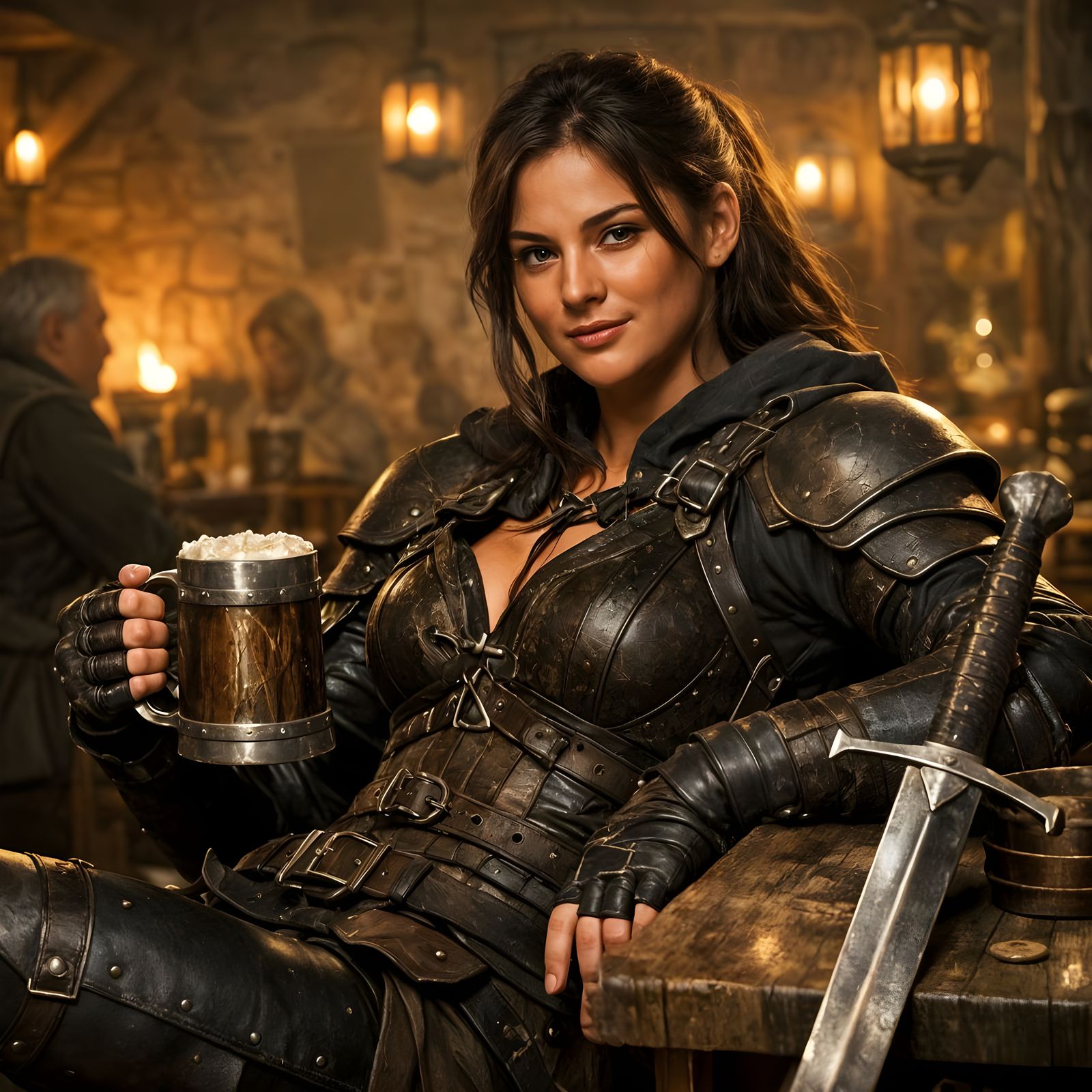 Female Warrior Relaxing in Medieval Tavern