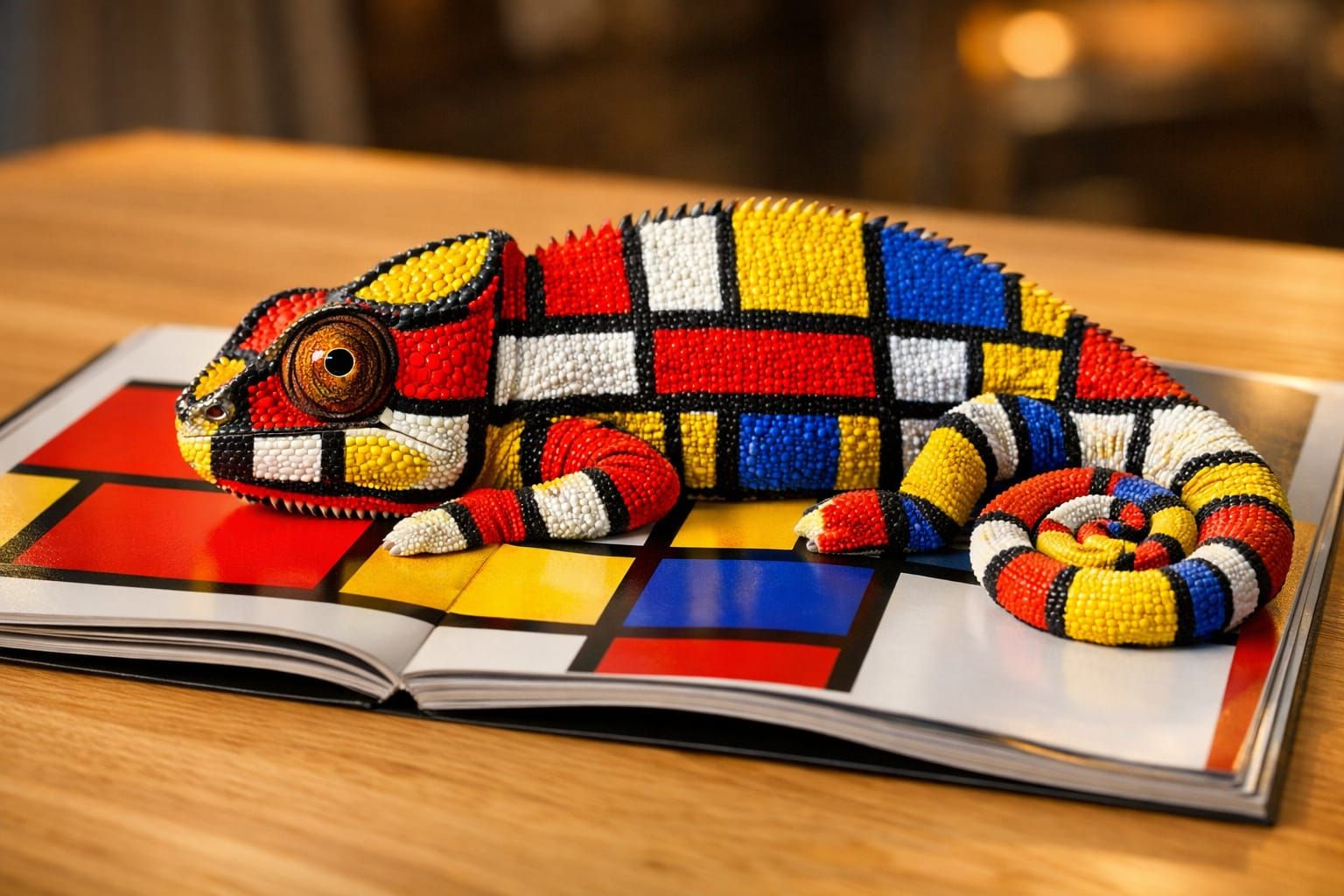 Panther Chameleon Camouflaged on Mondrian Art
