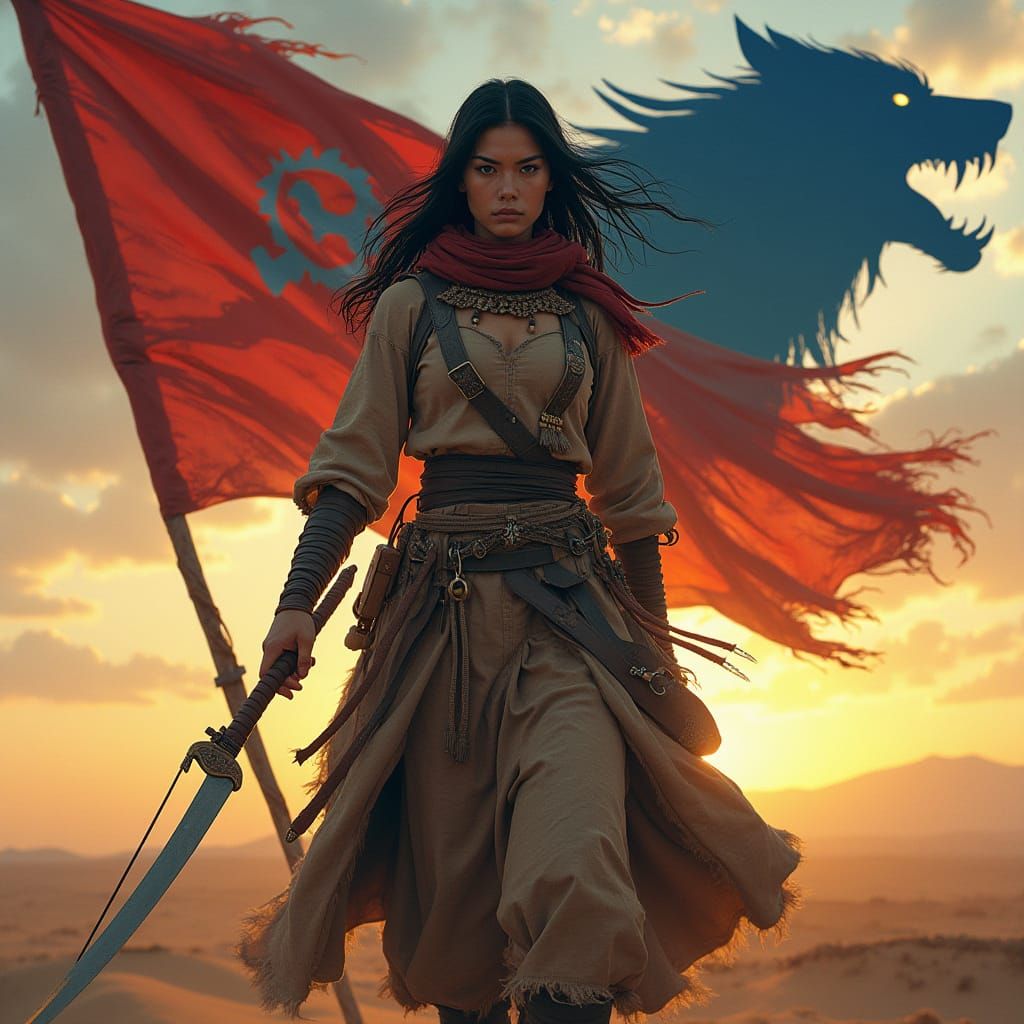 Mongolian Warrior Queen in Gobi Desert Sunset