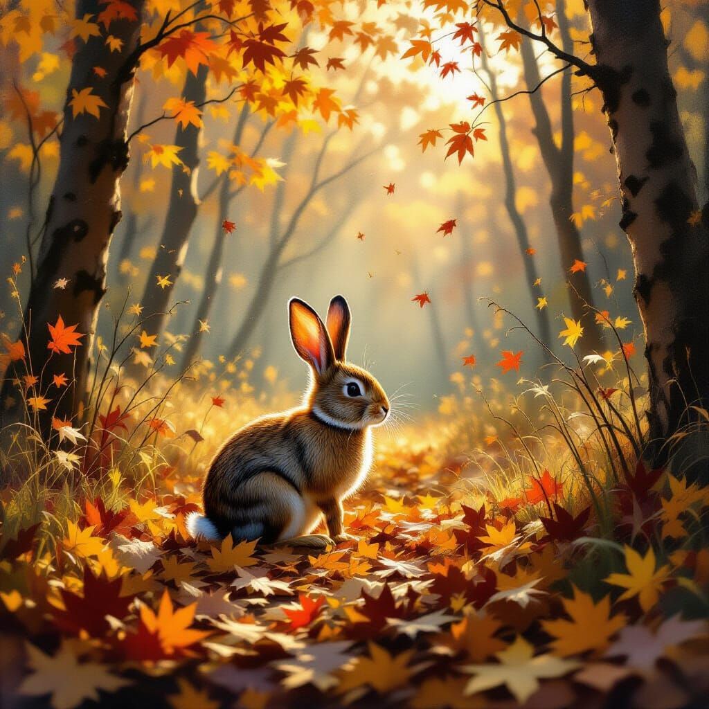 Impasto Oil Painting of Rabbit in Autumn Forest
