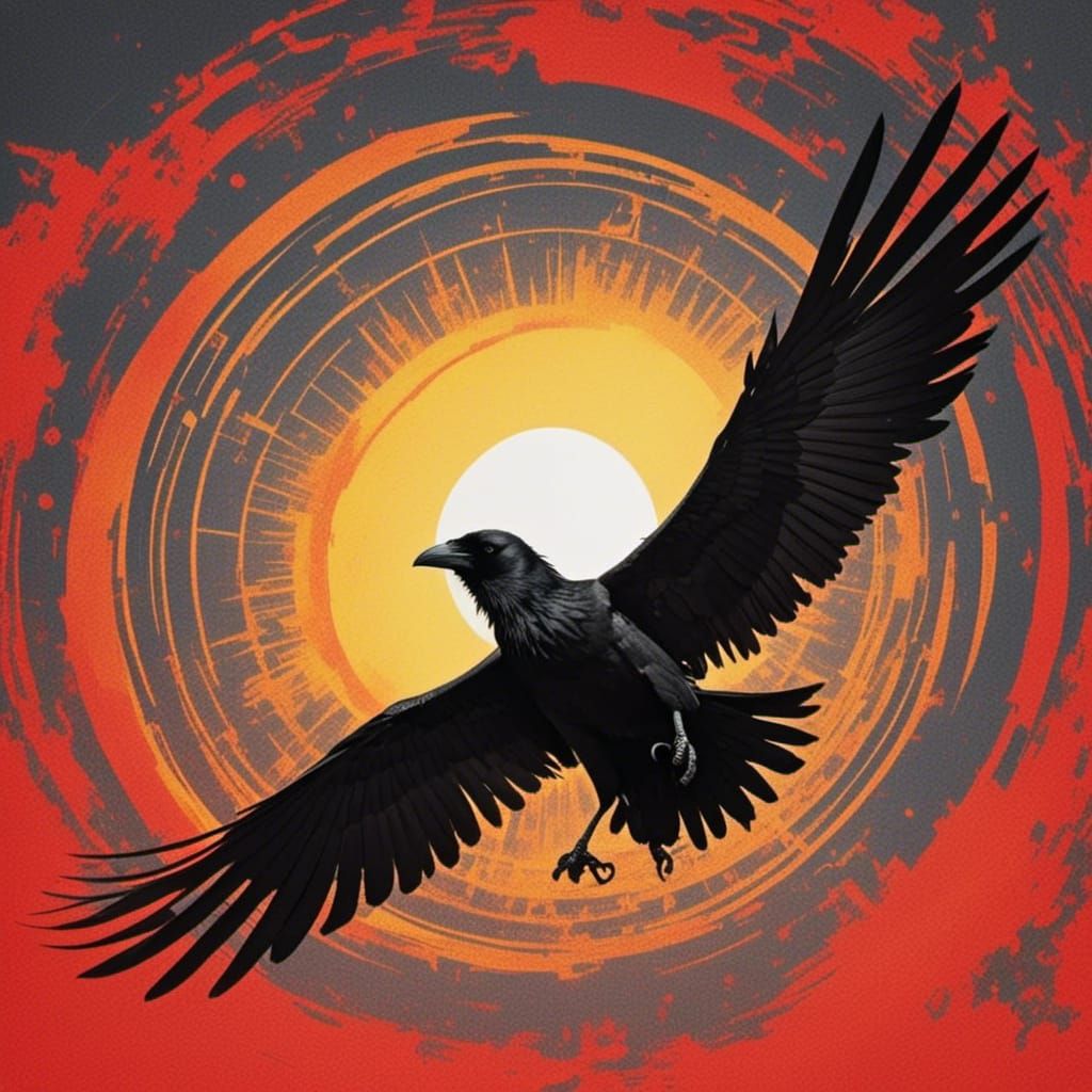 Raven Silhouette Soaring Against a Glorious Sun