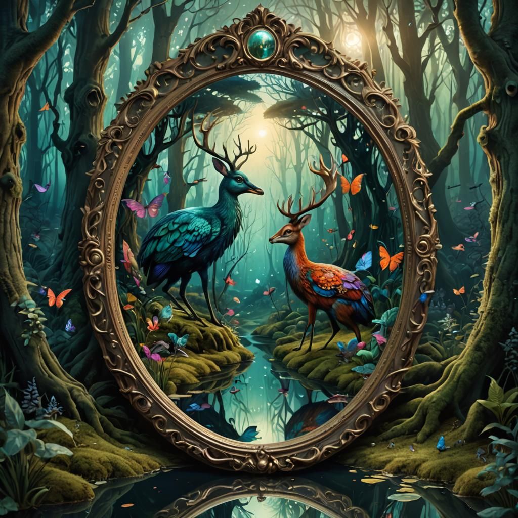 Victorian Mirror Portal to Enchanted Forest, Surreal Digital...