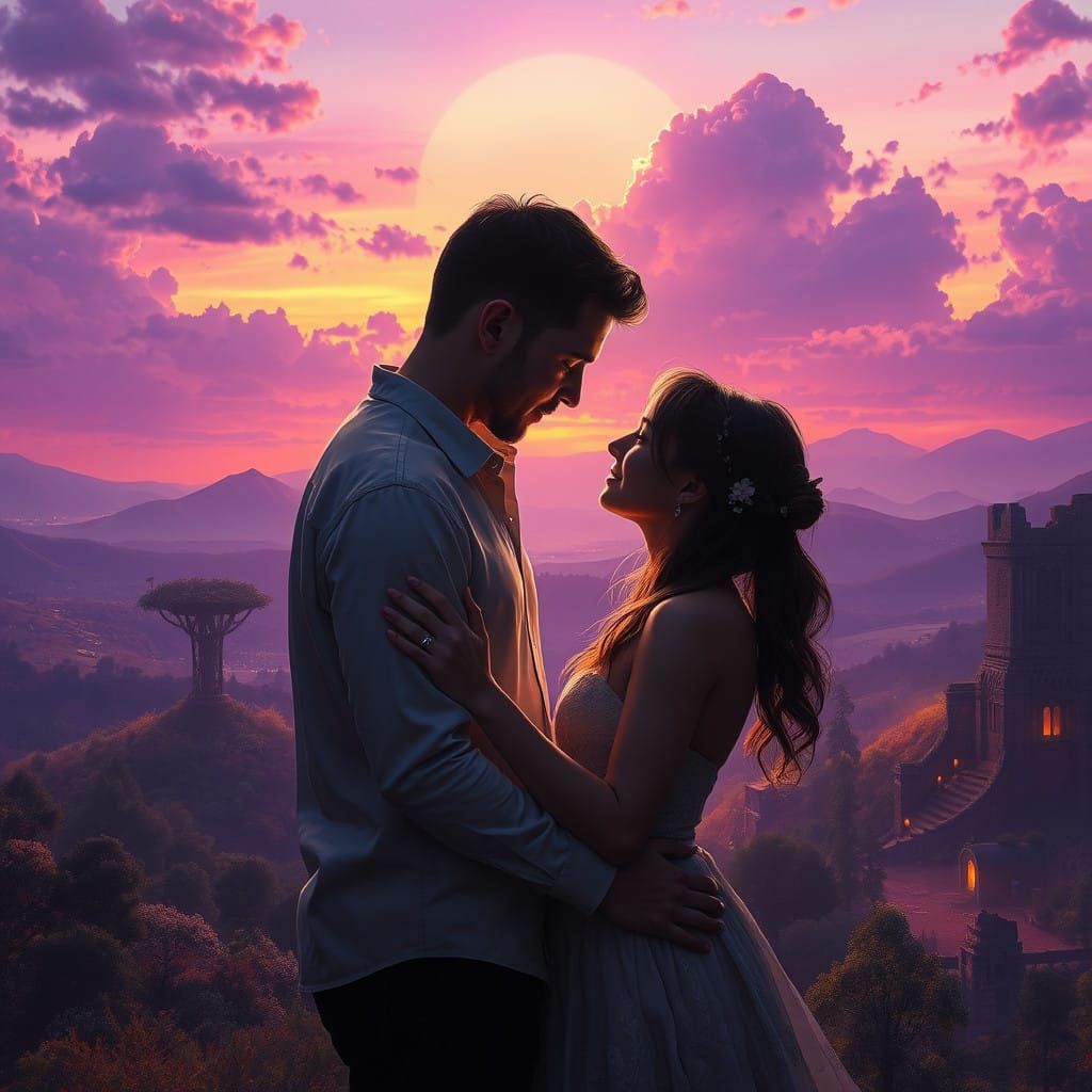 Couple Embracing Under Vibrant Purple Sky Aura