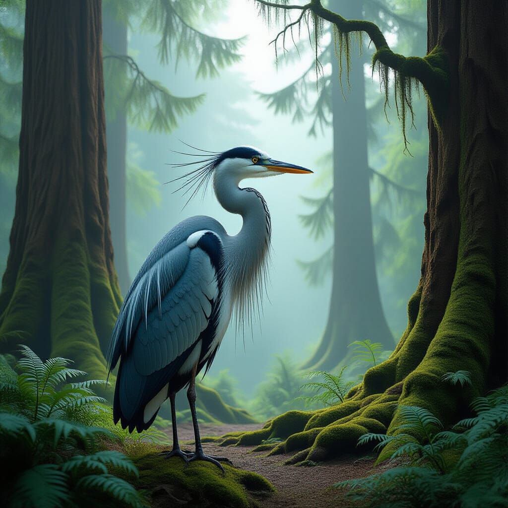 Ancient Heron in Misty Forest Cathedral