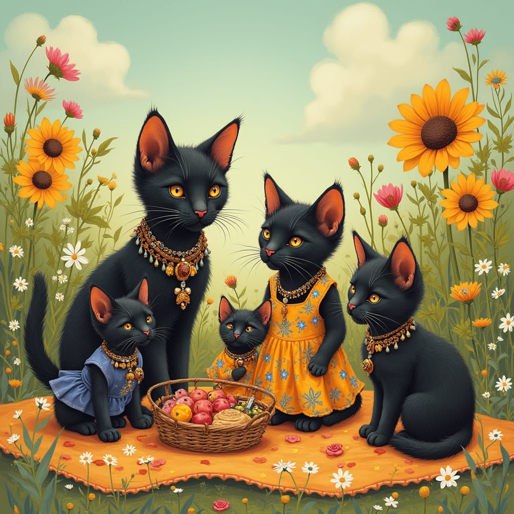 Bohemian Cat Family Picnic, Art Nouveau Illustration