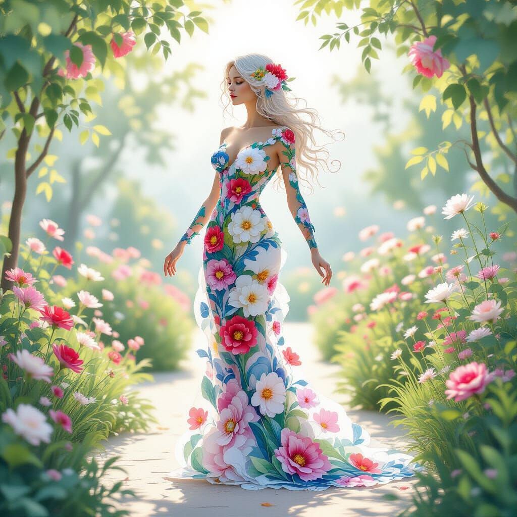 Ethereal Paper Woman with Flowers and Watercolors