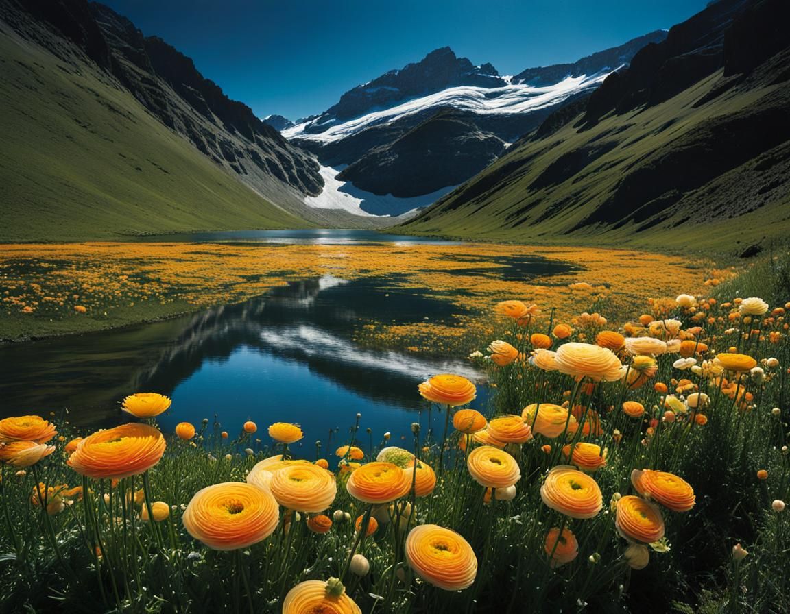 Mystical Lake Scene with Crowfoot and Mountain Stream