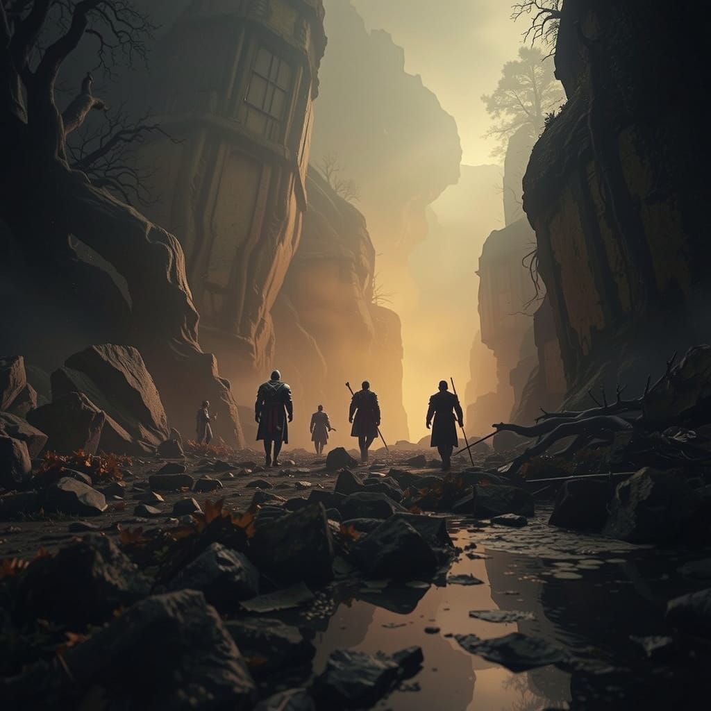 Medieval Adventurers Approach Mysterious Ravine Entrance