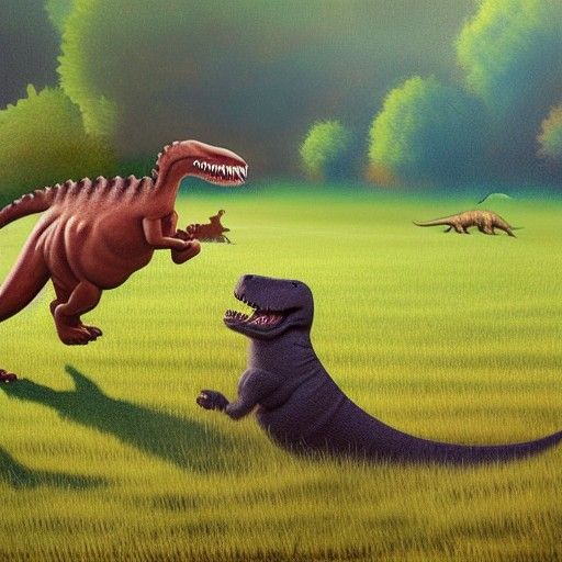 Dog and Dinosaur Playing in Field Painting