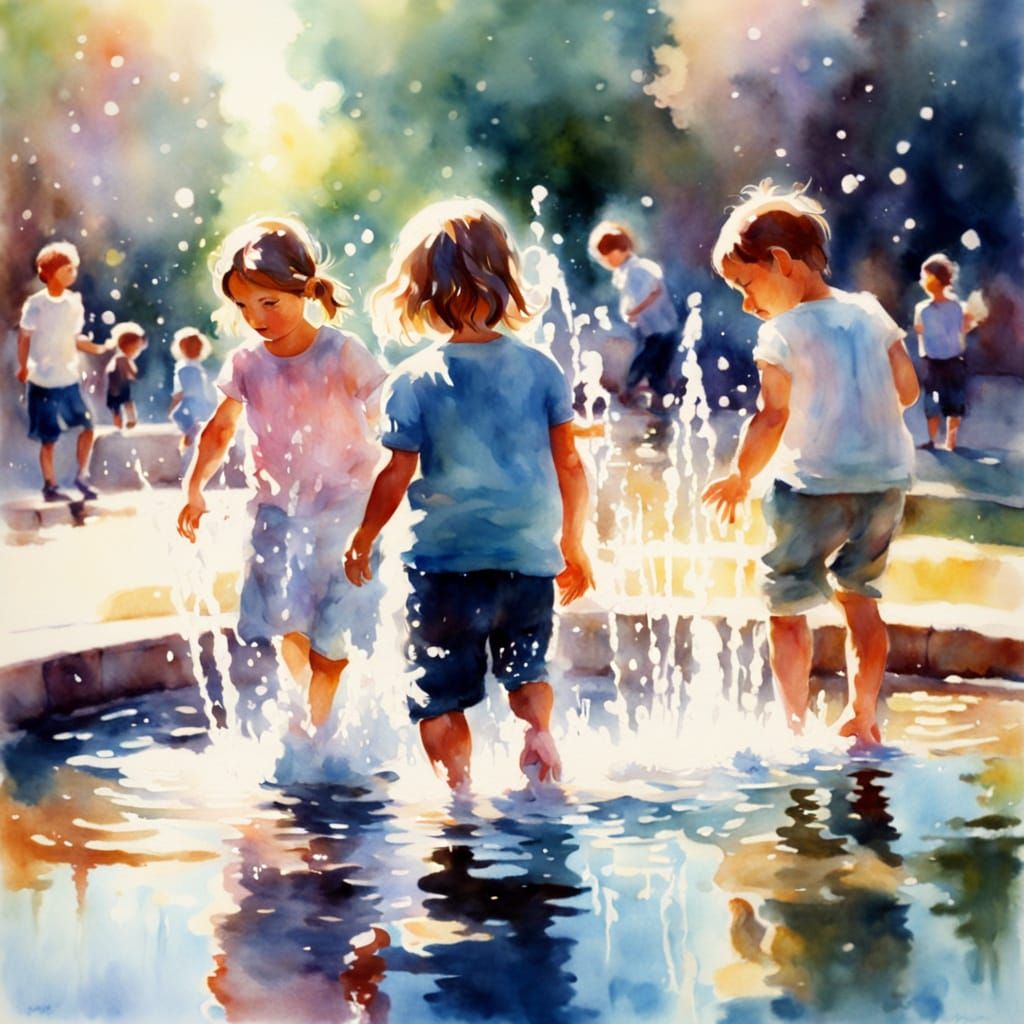 Children Playing in Fountain: Watercolour Pastel Art