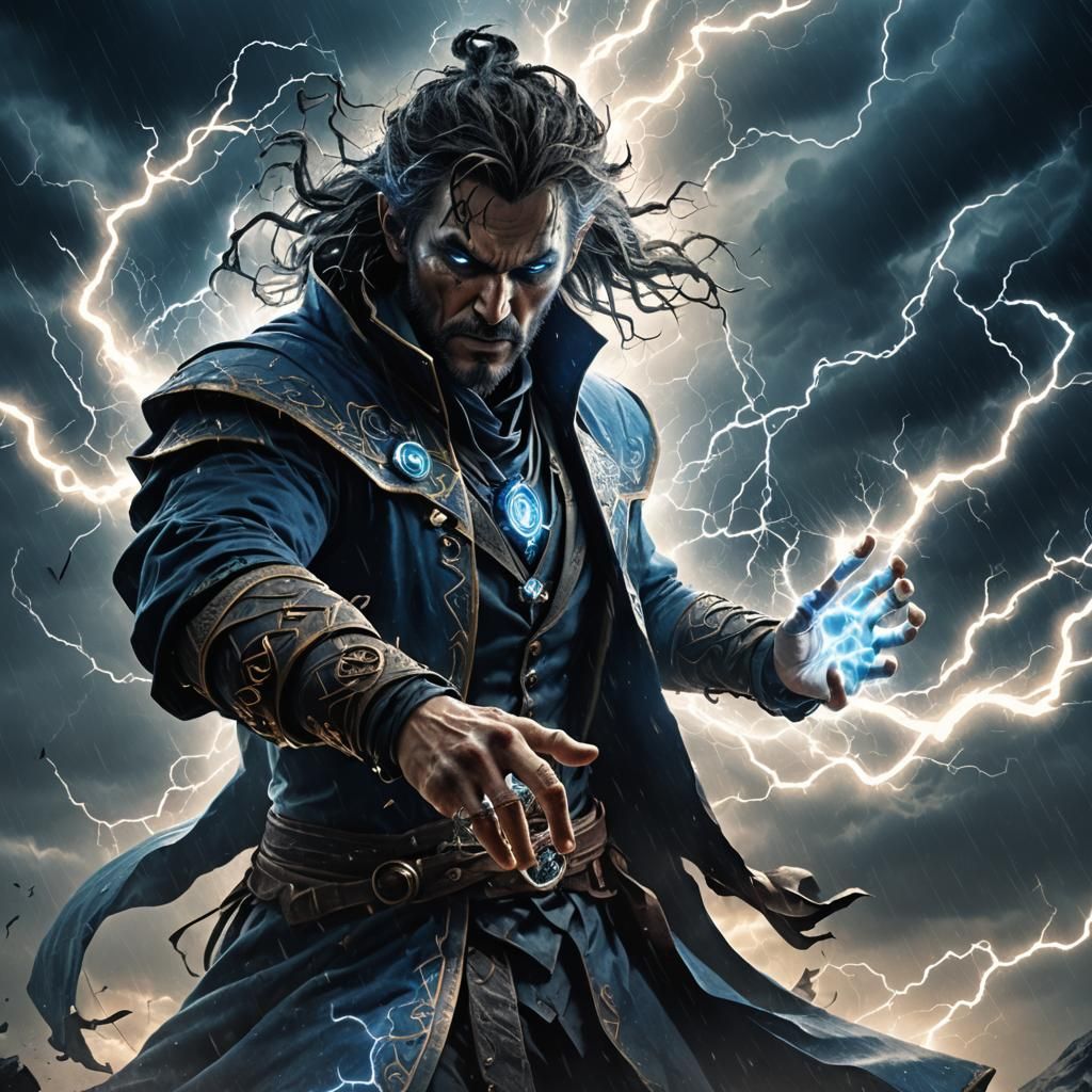 Warlock Conjures Storm with Blue Magic: Fantasy Art