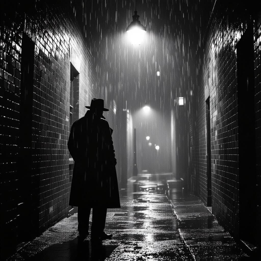 Grizzled Detective in Noir Alleyway, Photorealistic