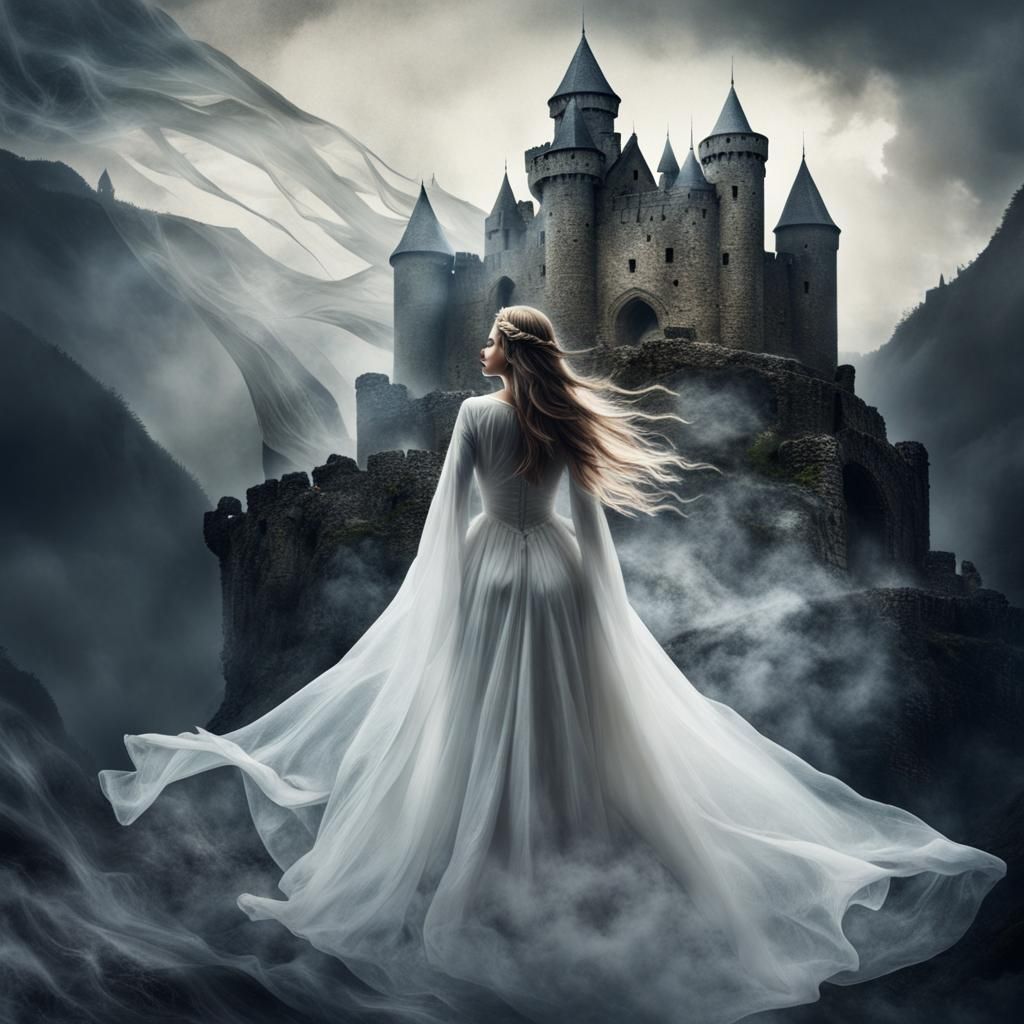 Ethereal Woman and Castle in Double Exposure