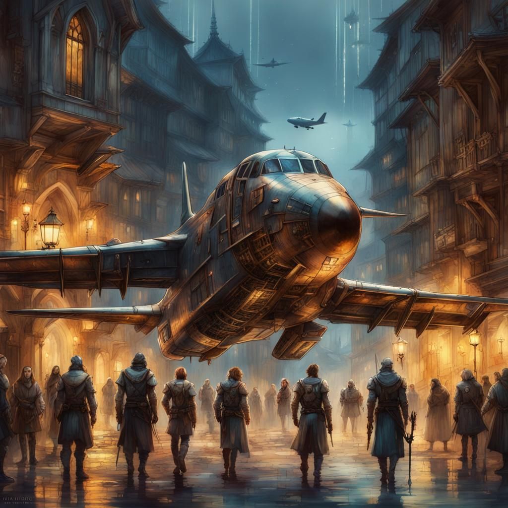 "powerful scene of futuristic gothic airforce plane and Amazon knights clearly visible face off in medieval old town
