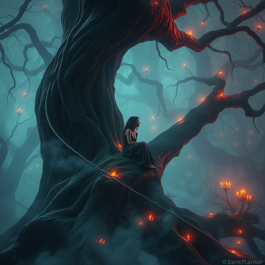Dreamy Woman in a Surreal, Glowing Forest Atmosphere