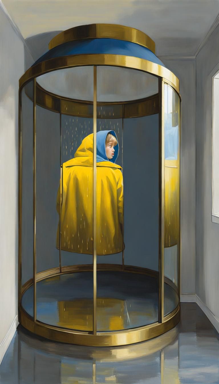 Child in Revolving Door as Tempera Painting