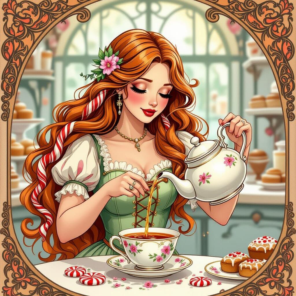 Art Nouveau Gingerbread Woman Pours Tea Chaos