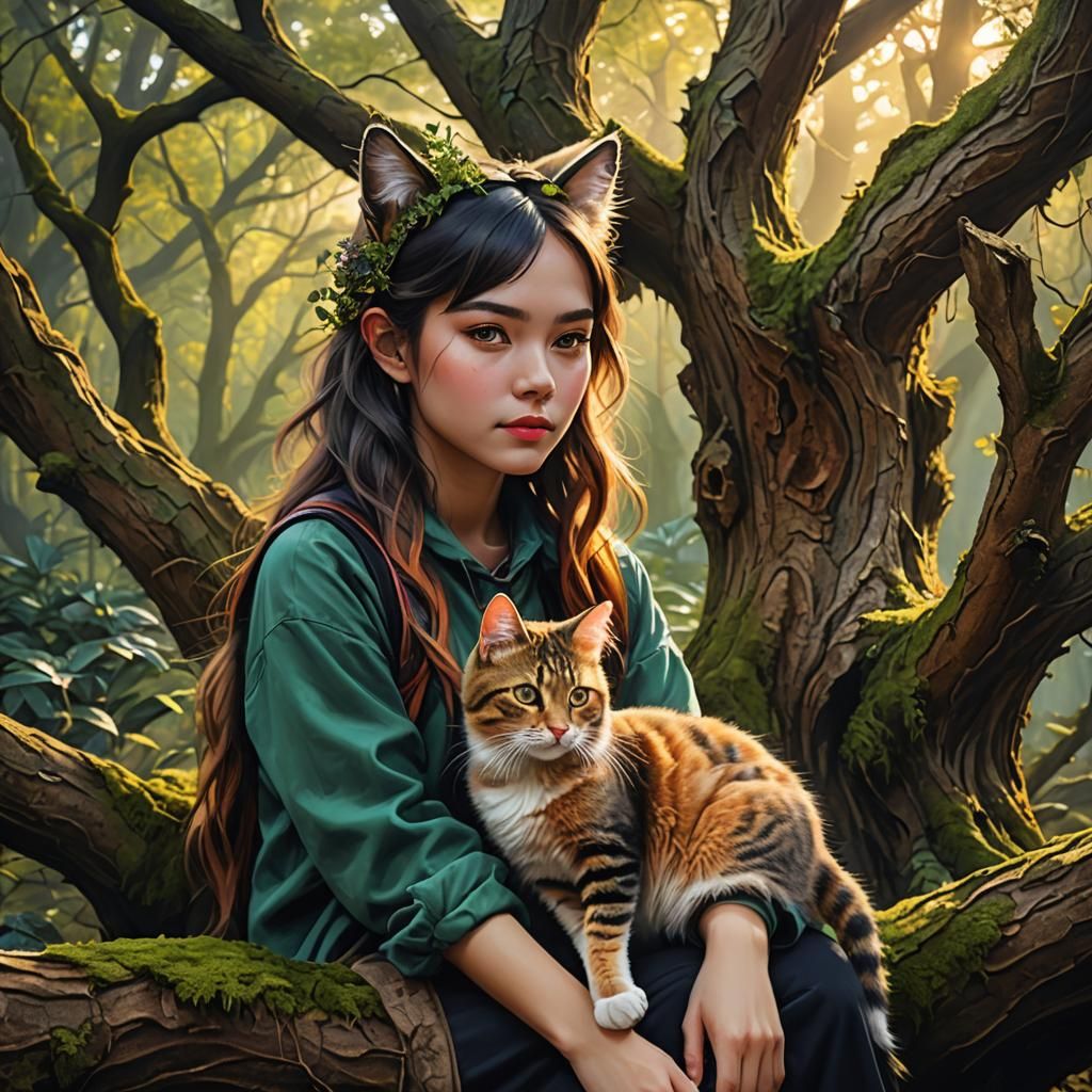 Girl with Cat Features in Vivid Oil Painting Style