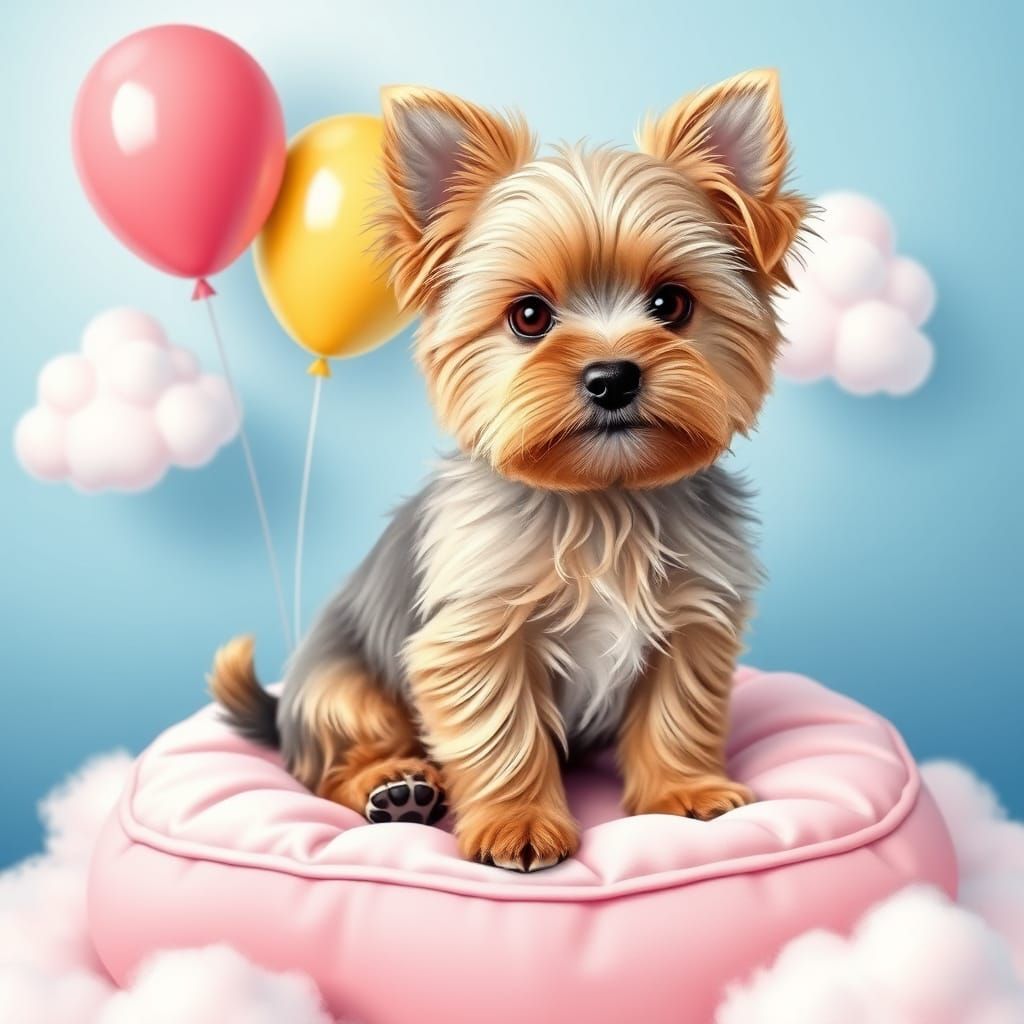 Kawaii Yorkshire Puppy on Pink Cushion