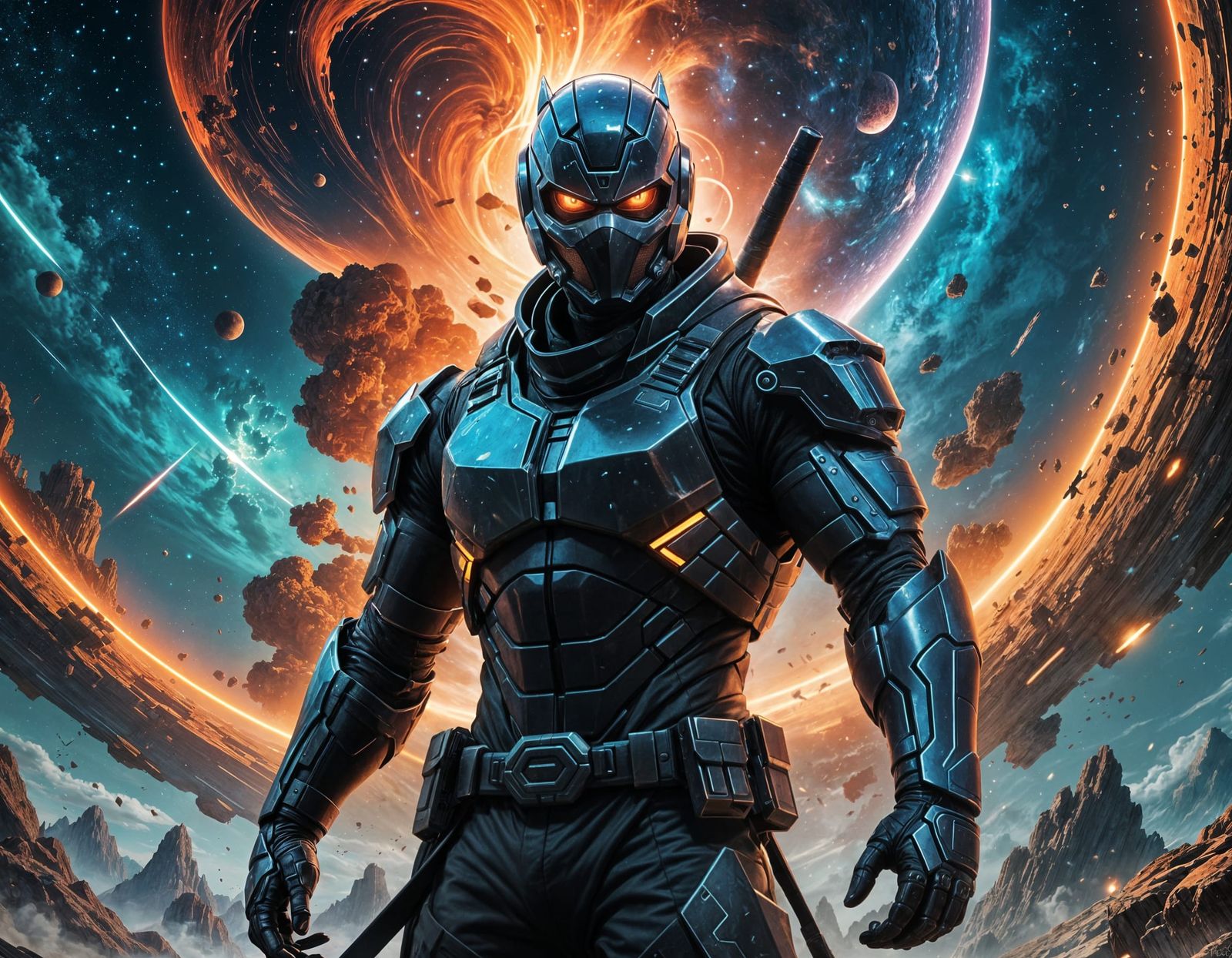 Cyborg Ninja Silhouetted Against Nebula in Anime Style