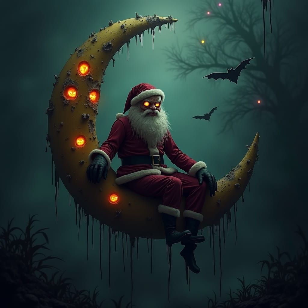 Creepy Santa on Moon with Eerie Glowing Eyes