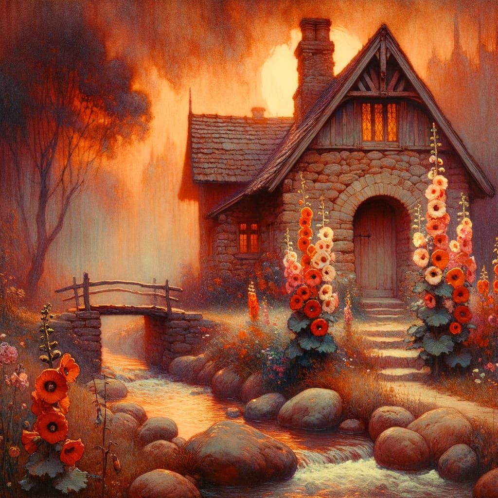 Ethereal Sunset Cottage in Romantic Watercolor