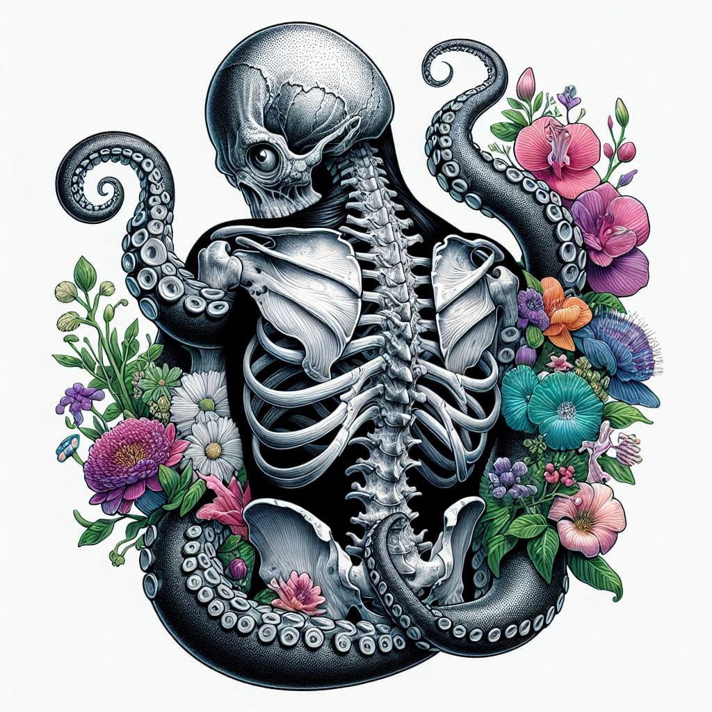 Kraken Tattoo Design with Vertebrae and Flowers