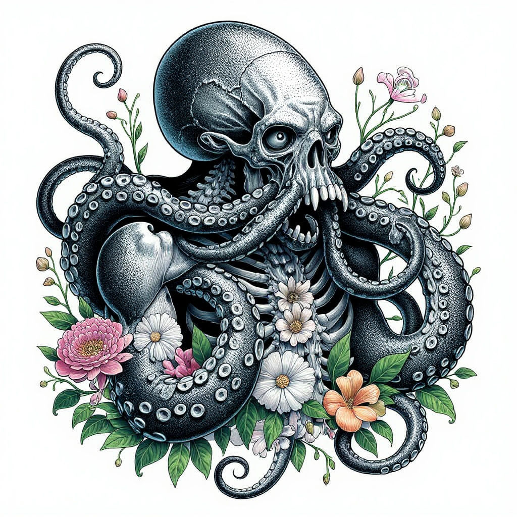 Kraken Tattoo Design with Anatomical and Floral Elements