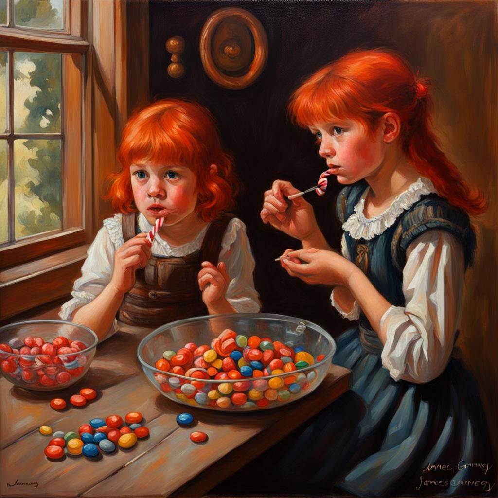 Children Enjoying Candy, Oil Painting