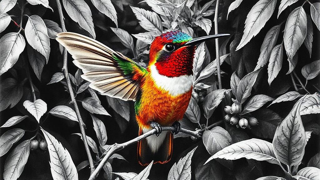 Vibrant Hummingbird in Monochromatic Jungle, Charcoal Style