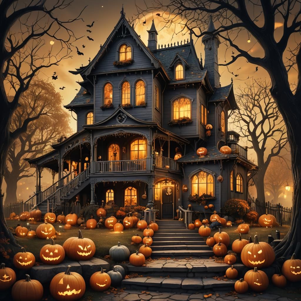 Halloween House with Pumpkins and Skeletons