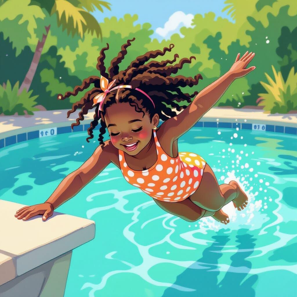 Joyful Dive: Watercolor Painting of Girl in Polka-Dot Swimsu...