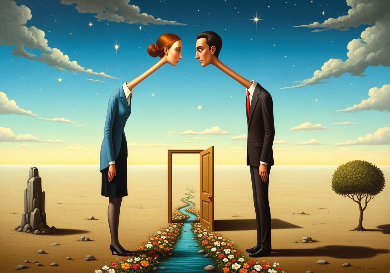 Surreal Embrace: Elongated Lovers in a Strange Landscape