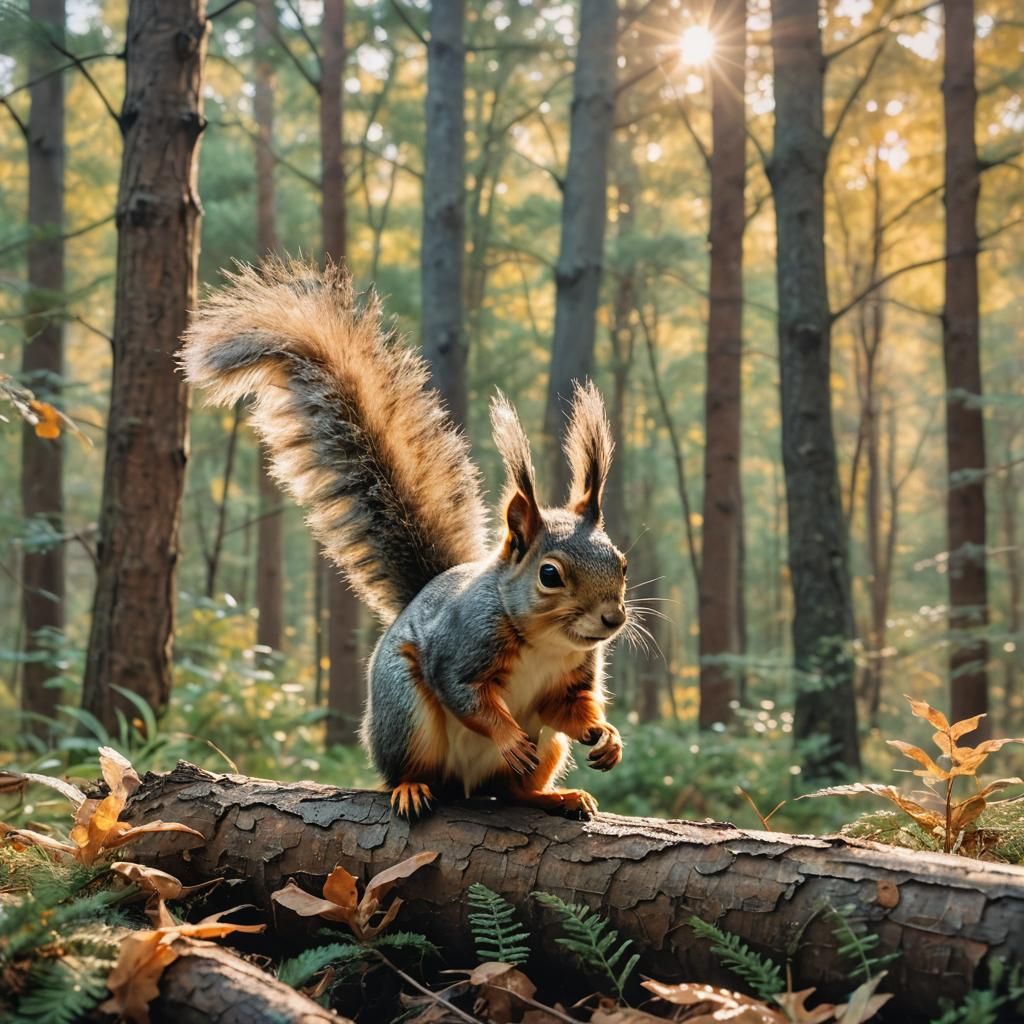 Squirrel Gymnastics in Impressionist Forest Scene